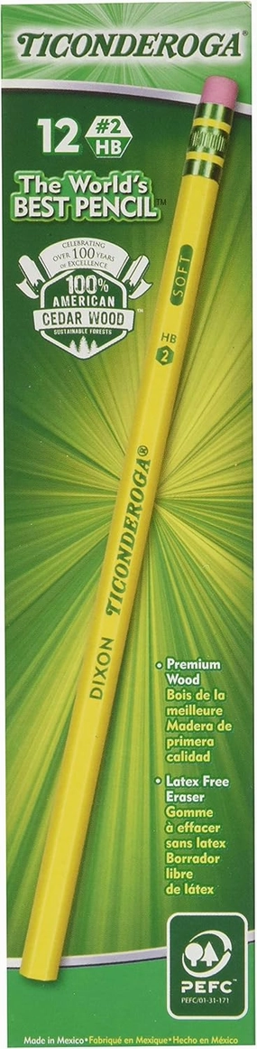 Dixon Ticonderoga Wood-Cased Pencils, #2 HB, Yellow, Box of 12 (3-Pack) (13882)