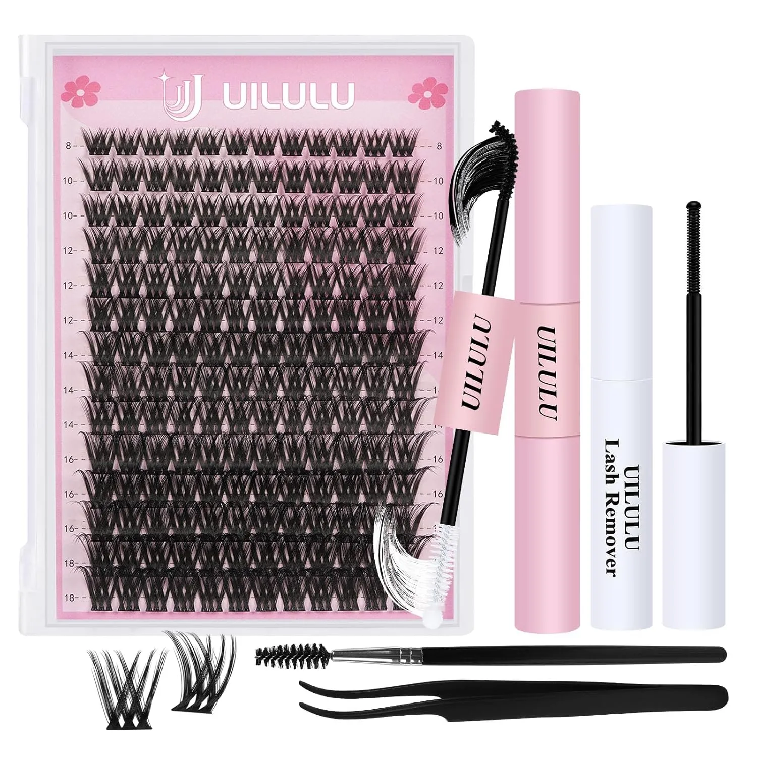 DIY Lash Extension Kit 168 Count Individual Lash Clusters D Curl Clusters Lashes, Lashes Kit with Lash Bond & Seal, Lash Remover, Lash Tweezers, and Lash Brush D Curl-0.07-8-18MM (U03 Lash Kit)