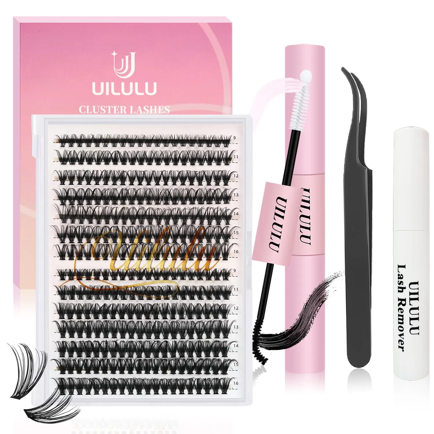 DIY Lash Extension Kit 280pcs Individual Lashes Clusters D Curl Lash Clusters, Lash Kit with Lash Bond and Seal, Remover, Lash Tweezers (30D 40D-0.07D-9-16MM Kit)