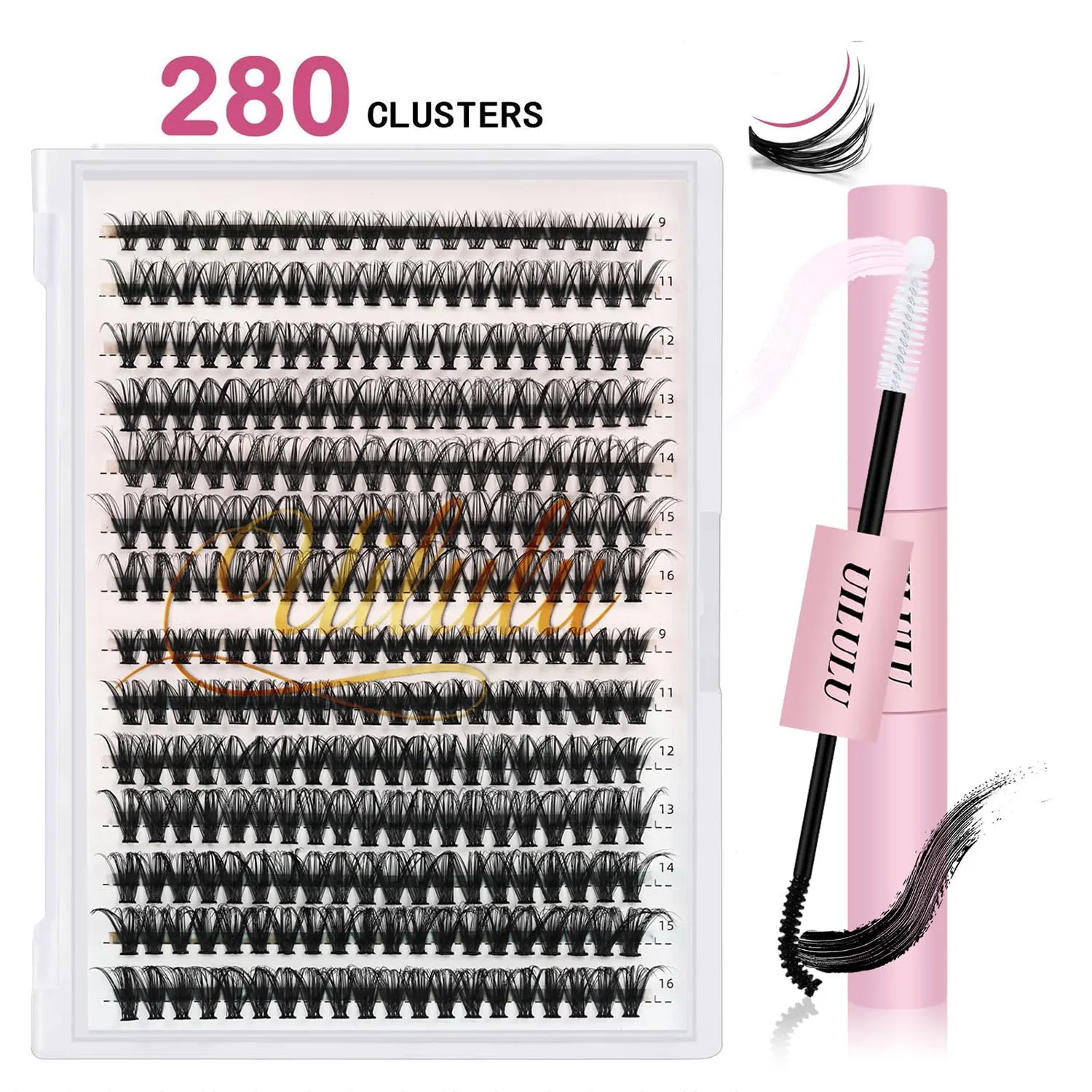DIY Lash Extension Kit 280pcs Individual Lashes Clusters D Curl Lash Clusters, Lash Kit with Lash Bond and Seal, Remover, Lash Tweezers (30D 40D-0.07D-9-16MM Kit)