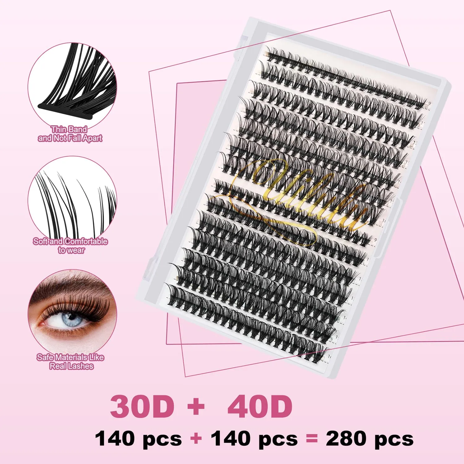 DIY Lash Extension Kit 280pcs Individual Lashes Clusters D Curl Lash Clusters, Lash Kit with Lash Bond and Seal, Remover, Lash Tweezers (30D 40D-0.07D-9-16MM Kit)