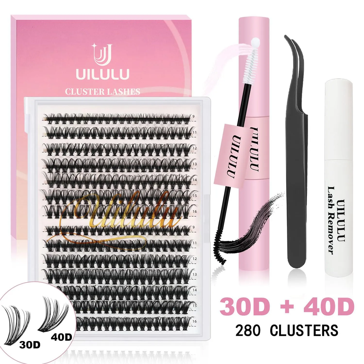 DIY Lash Extension Kit 280pcs Individual Lashes Clusters D Curl Lash Clusters, Lash Kit with Lash Bond and Seal, Remover, Lash Tweezers (30D 40D-0.07D-9-16MM Kit)
