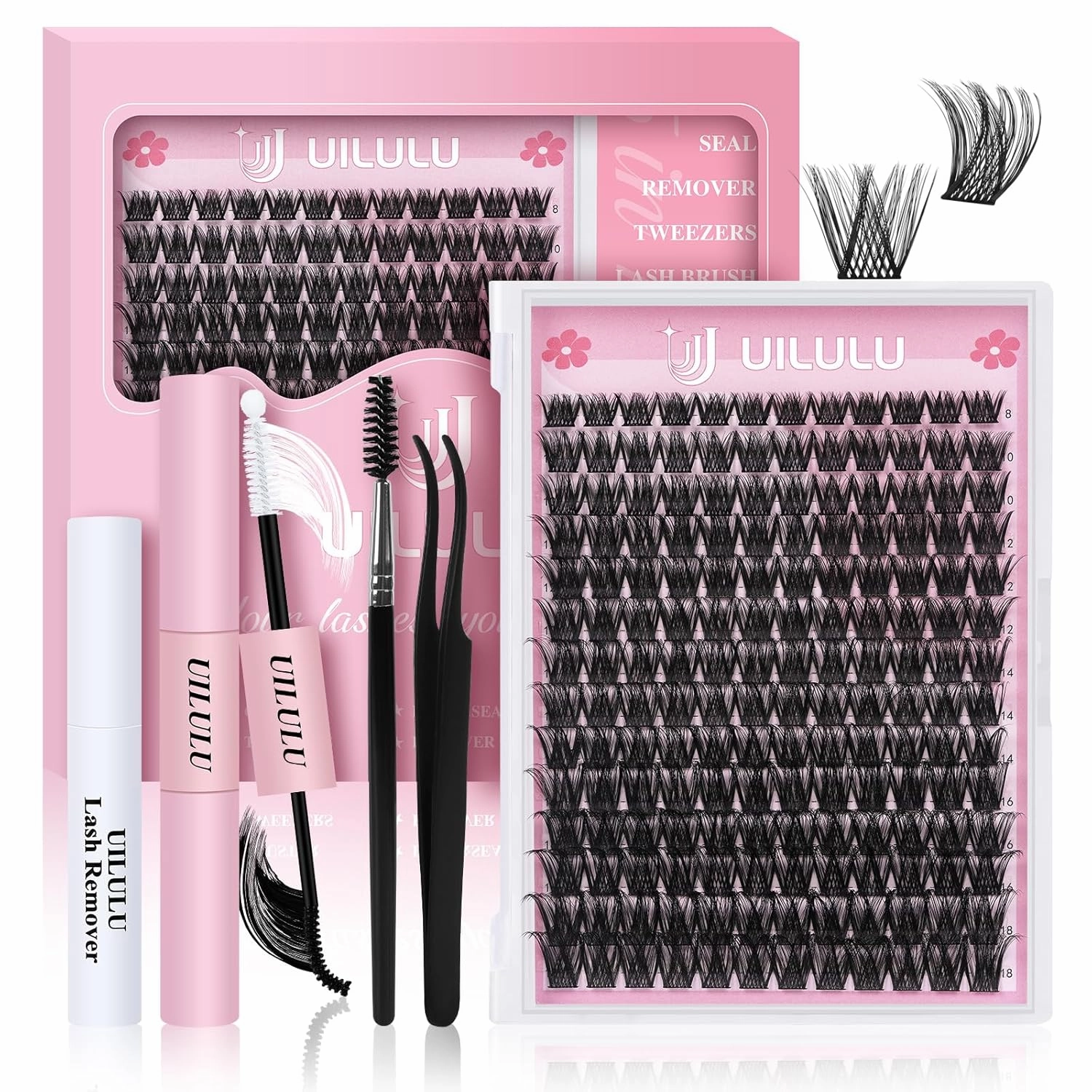 DIY Lash Clusters Kit - 168 Natural Individual Clusters False Eyelashes, Extension Kit with Bond & Seal, Remover, Tweezers, and Curl Brush - 0.07-8-18MM