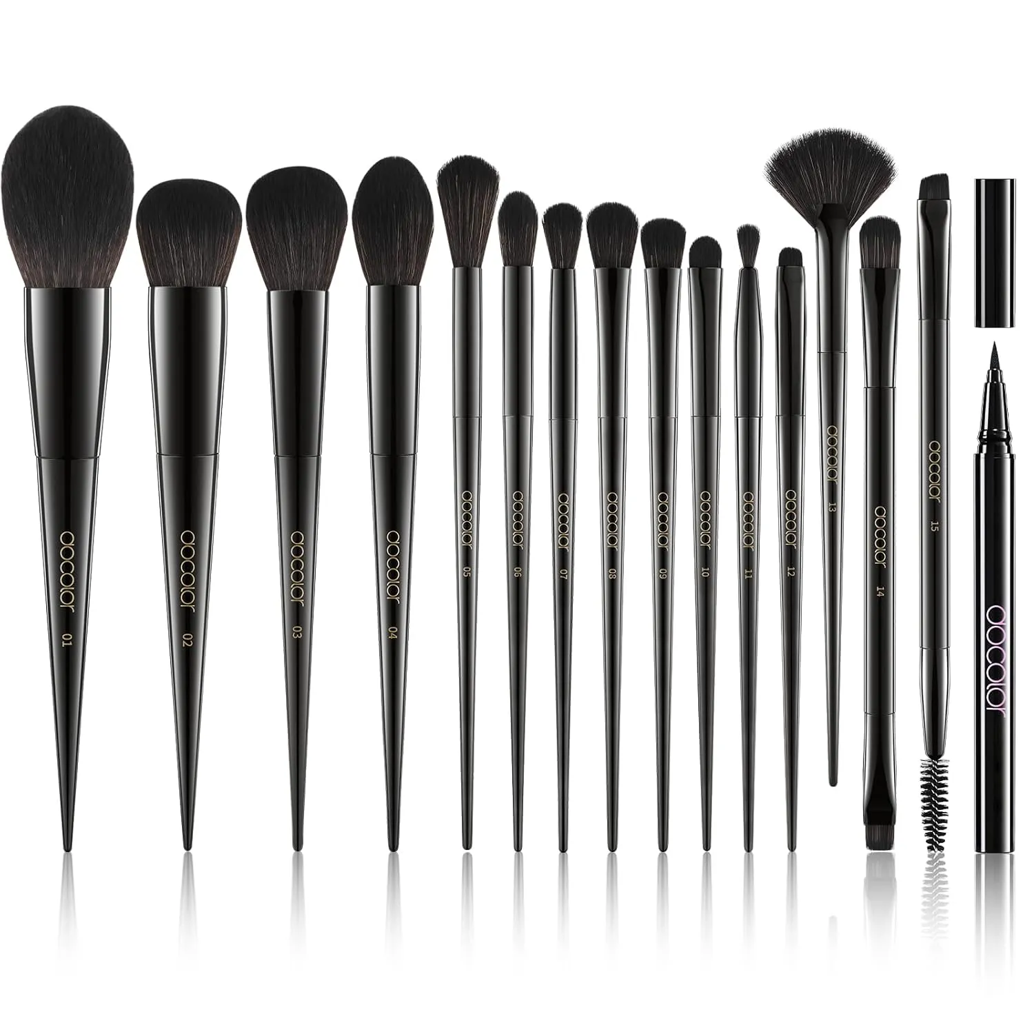 Docolor 15Pcs Obsidian Makeup Brushes Set with Black Waterproof Eyeliner Pen Premium Synthetic Powder Kabuki Foundation Contour Blush Concealer Eye Shadow Blending Eyeliner Eyebrow Make Up Brush Kit