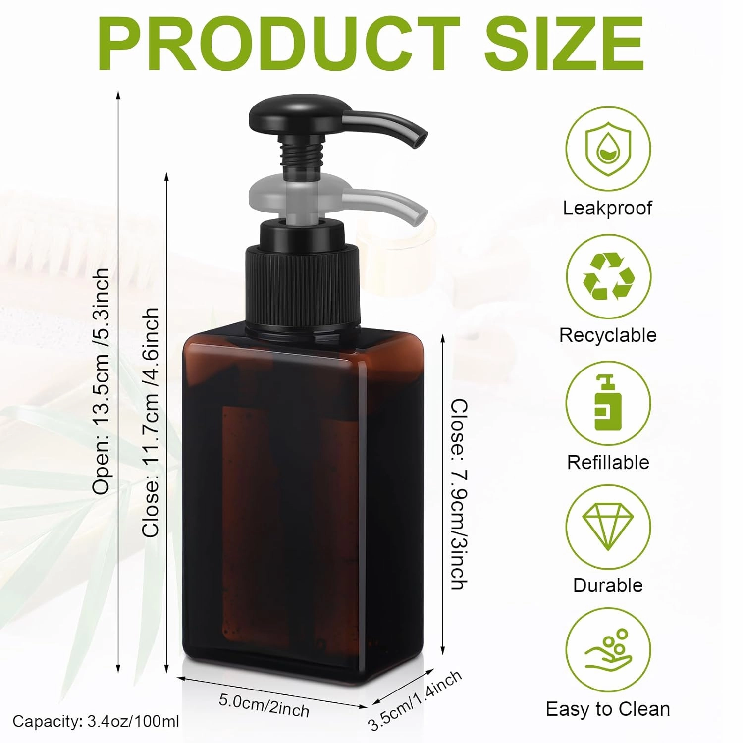 Domensi 12 Pcs 100ml /3.4 oz Pump Bottle Mini Travel Bottles Small Dispenser Containers Plastic Pump Lotion Dispenser Empty Square Travel Size Containers Toiletries (Brown)