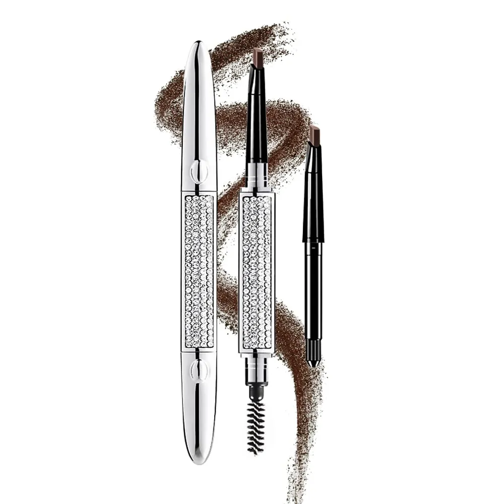 Double head eyebrow pencil, rotary automatic non cutting waterproof eyebrow pencil, definer pencil, shining like diamond, 3 colors (dark brown / light coffee / light brown)
