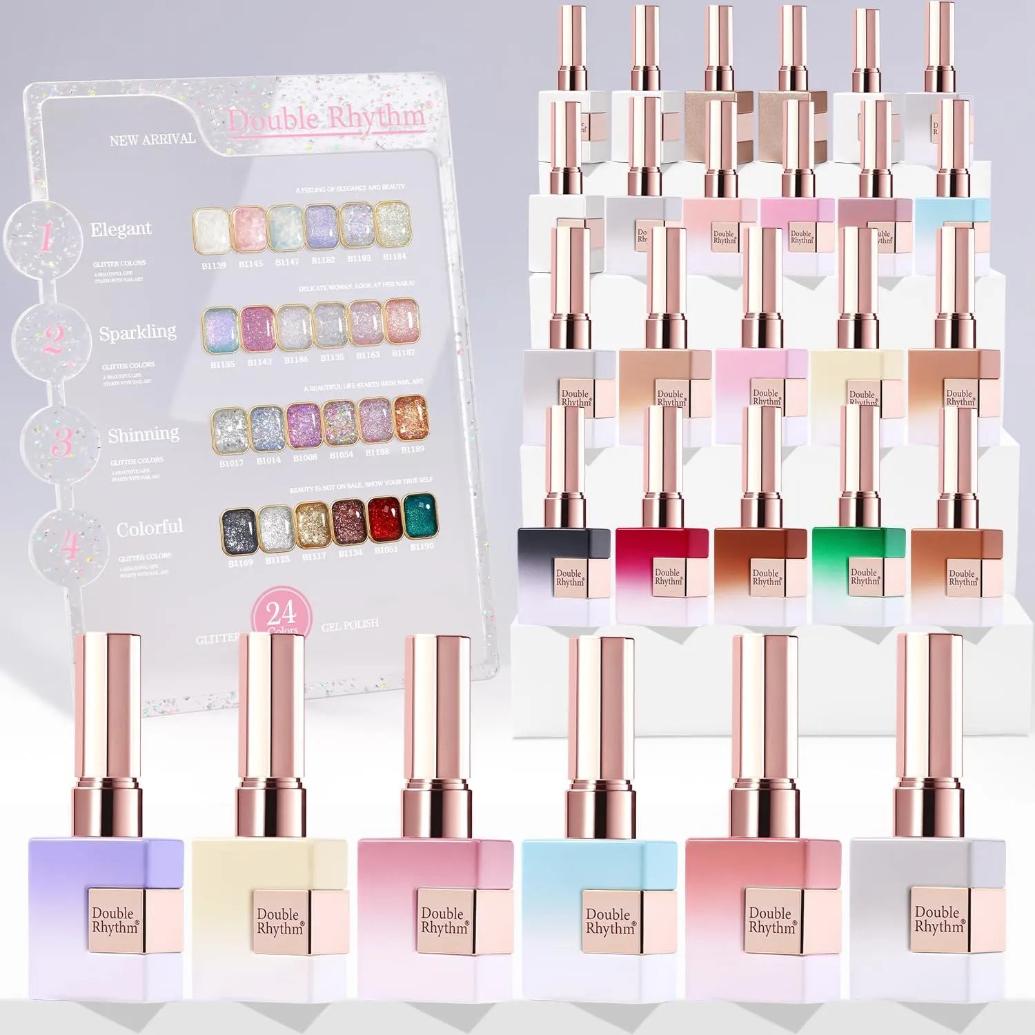 Double Rhythm 28Pcs 0.5Oz Glitter Gel Nail Polish Set Same Color Same Bottle Soak Off Gel Polish Kit Nail Art Manicure Salon DIY at Home (Sparkle Pearl Shimmer Collection-T24-9)