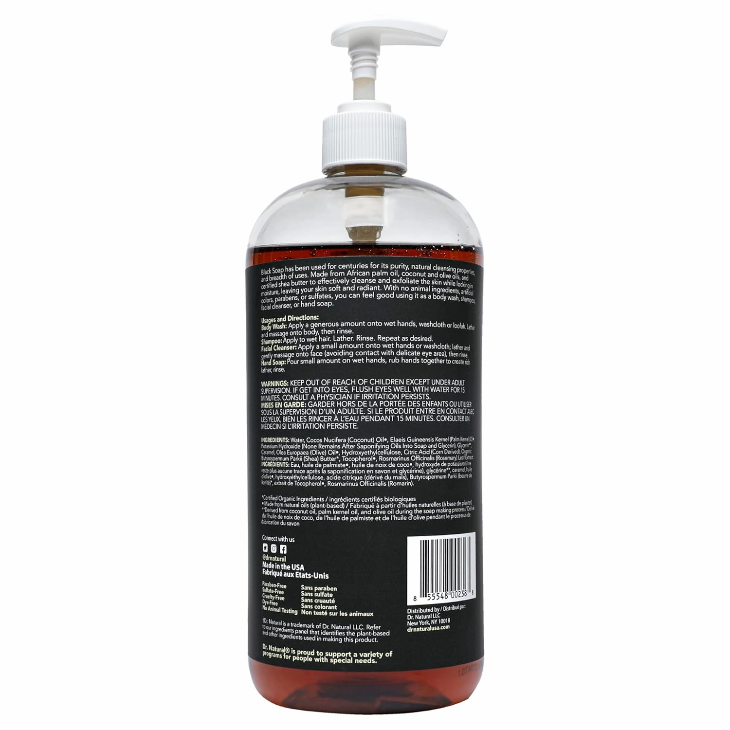 Dr. Natural Multi-Purpose Black Liquid Soap - Jabón corporal africano suave - Hidratante, combate acné - Manos y cuerpo - 946 ml