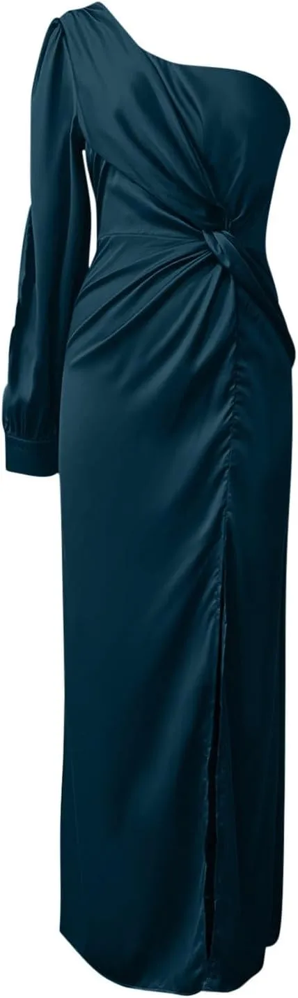 Dresses for Women Sexy One Shoulder Twist Front Long Formal Dress High Split Cocktail Wedding Party Maxi Dress