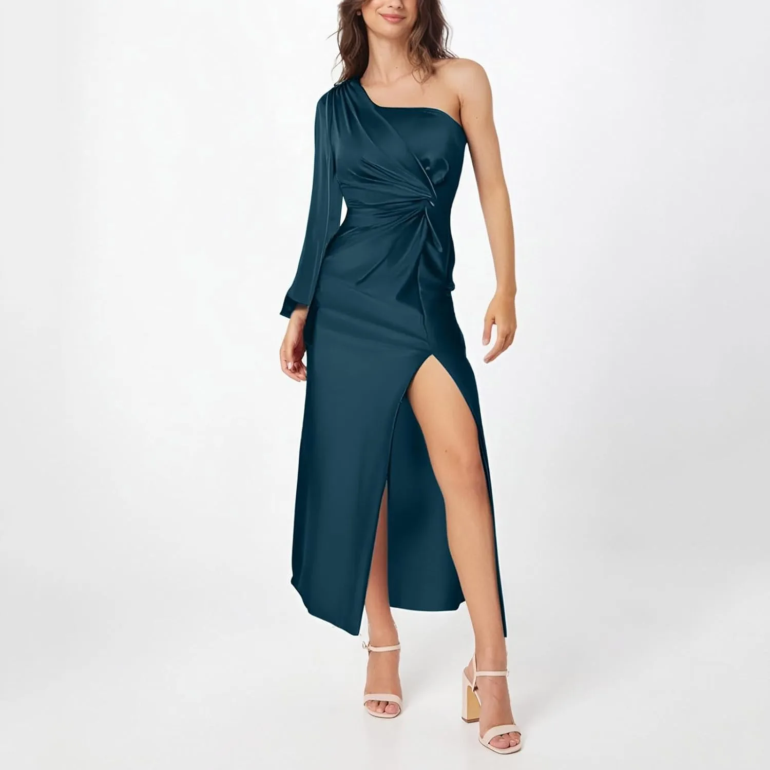 Dresses for Women Sexy One Shoulder Twist Front Long Formal Dress High Split Cocktail Wedding Party Maxi Dress