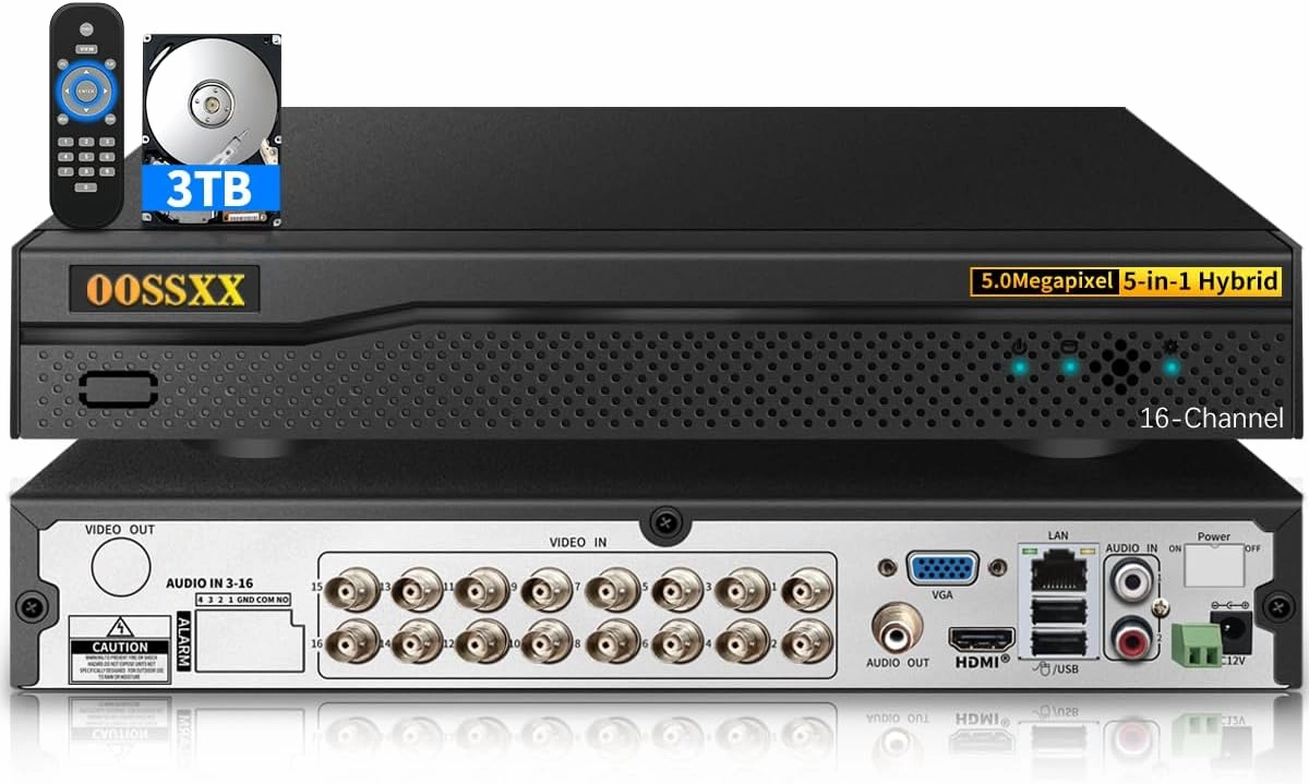 DVR 16-Channel Hybrid Capability 5-in-1 Digital Video Recorder 5.0MP HD Security DVR Recorder AHD/Analog/TVI/CVBS/IP Security Camera System Video Surveillance,Max to 6TB (3TB HDD Included)