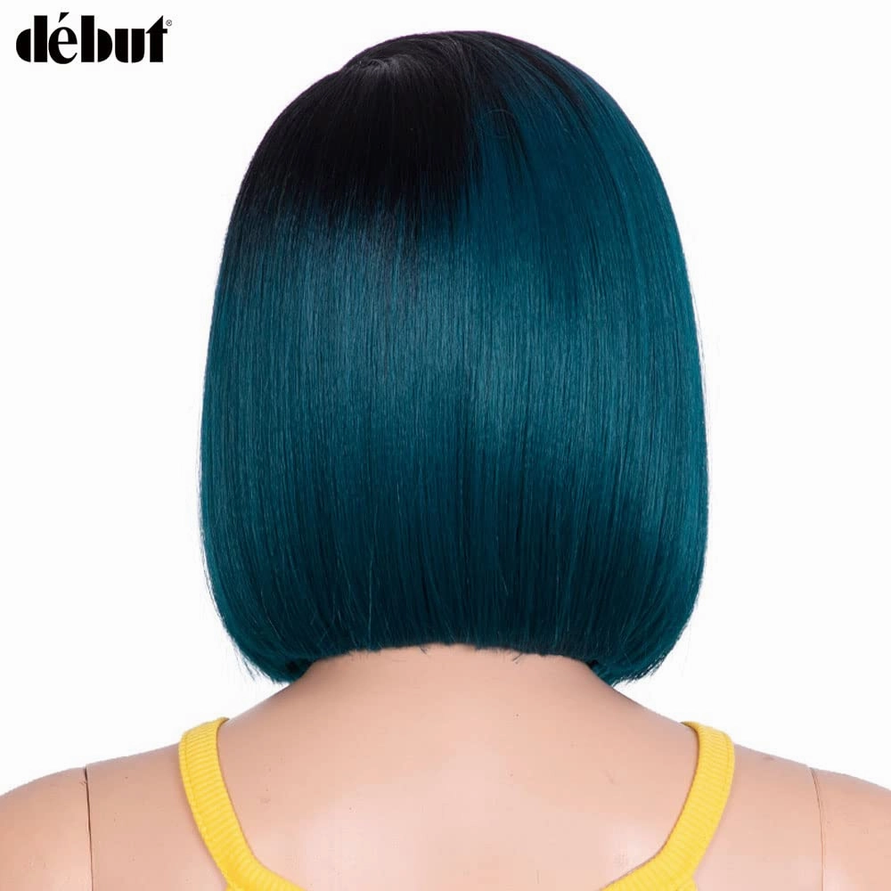DÉBUT Ombre Blue Asymmetrical Bob Wig Left Side Parting Wig with Ear to Ear Lace Front Short Bob Synthetic Lace Front Wigs for Women Heat Resistant High Temperature Fibers Wig TT1B/DTEAL
