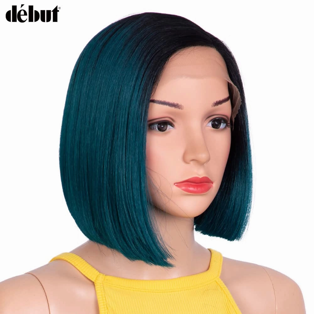 DÉBUT Ombre Blue Asymmetrical Bob Wig Left Side Parting Wig with Ear to Ear Lace Front Short Bob Synthetic Lace Front Wigs for Women Heat Resistant High Temperature Fibers Wig TT1B/DTEAL