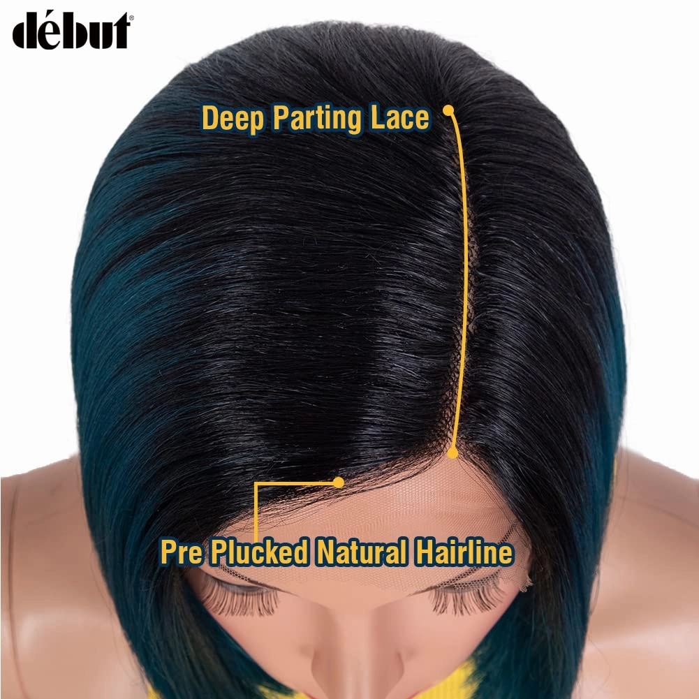 DÉBUT Ombre Blue Asymmetrical Bob Wig Left Side Parting Wig with Ear to Ear Lace Front Short Bob Synthetic Lace Front Wigs for Women Heat Resistant High Temperature Fibers Wig TT1B/DTEAL