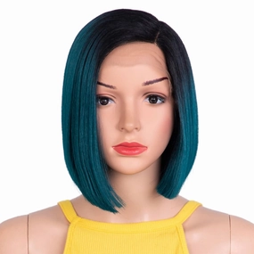 DÉBUT Ombre Blue Asymmetrical Bob Wig Left Side Parting Wig with Ear to Ear Lace Front Short Bob Synthetic Lace Front Wigs for Women Heat Resistant High Temperature Fibers Wig TT1B/DTEAL
