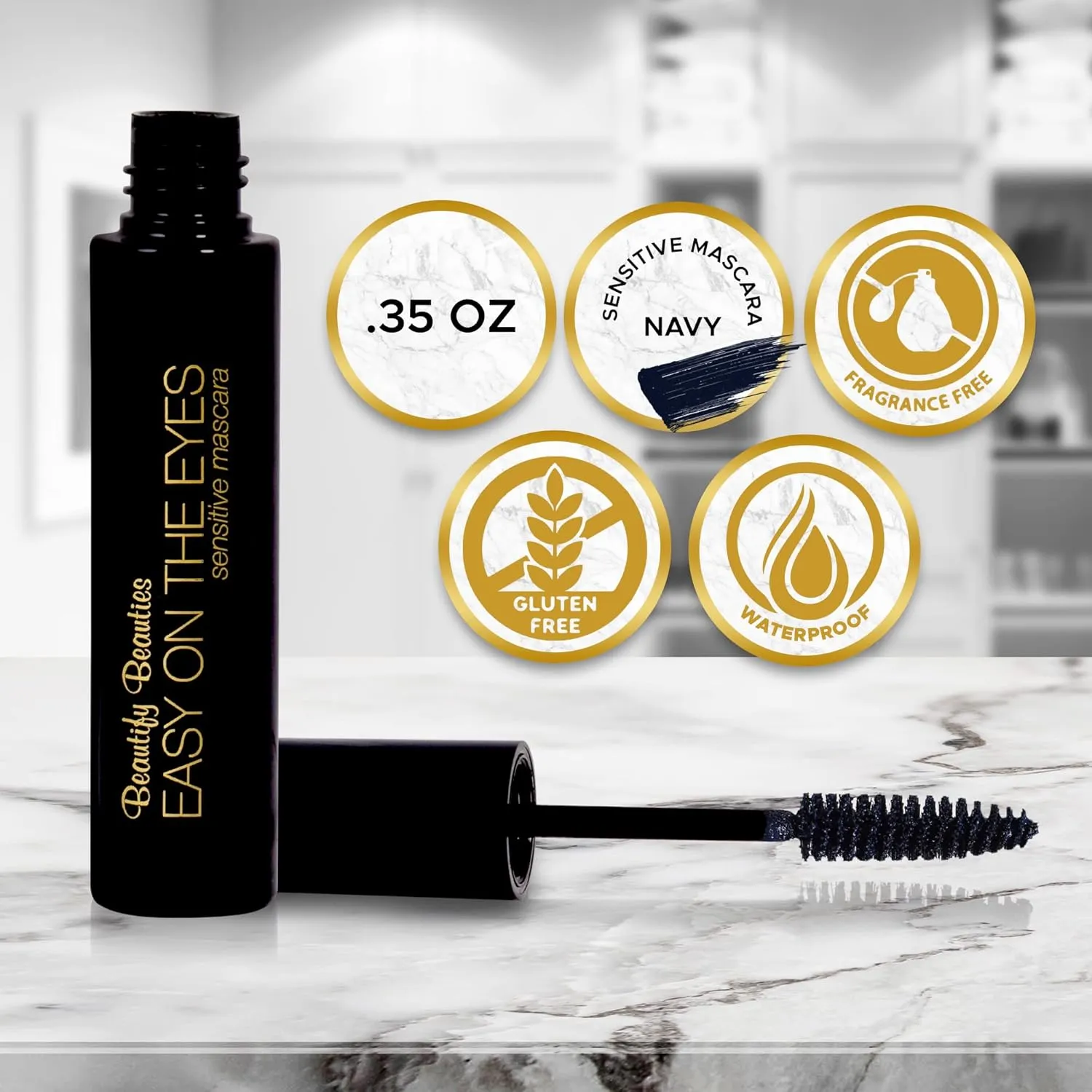EASY ON THE EYES Sensitive Eye Mascara By Beautify Beauties - Hypoallergenic Mascara For Contact Lens Wearers – Non-irritating, Fragrance-free Mascara For Natural Looking Lashes- 0.35 oz (Navy)