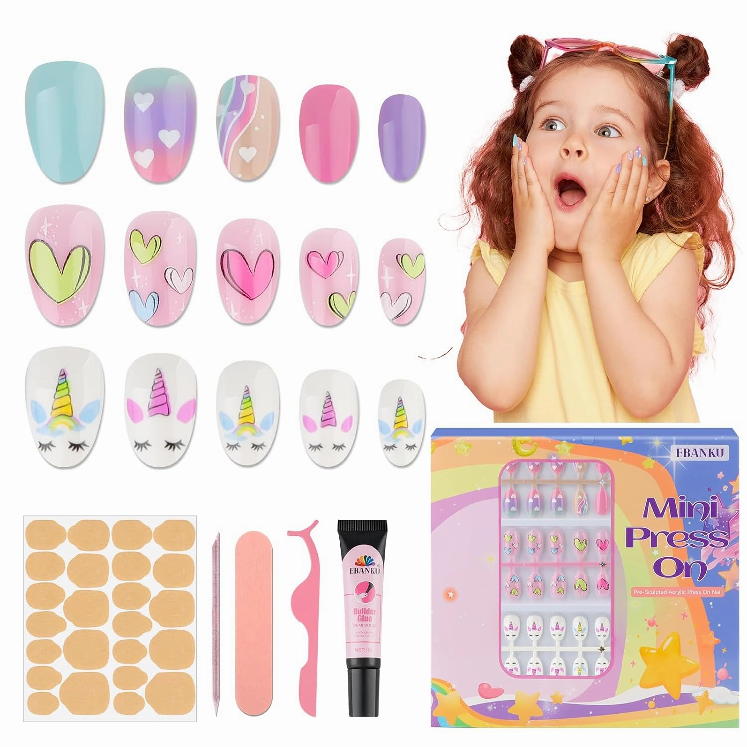 EBANKU 3 Pack Kid Fake Nail Kit, 78 Pieces Press on Nails for Kids Tricorn Press on Nail Short Artificial False Nail Kits for Girls 6-10 Years with Nail Glue
