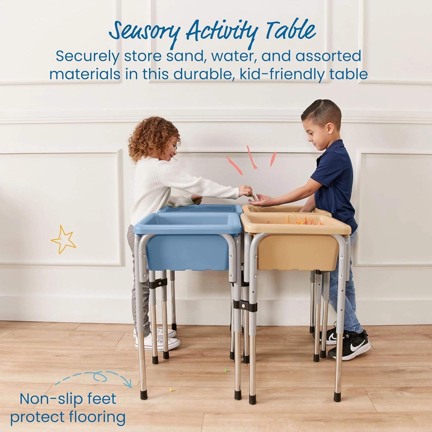 ECR4Kids 4-Station Sand and Water Adjustable Play Table, Sensory Bins, Sand/Powder Blue