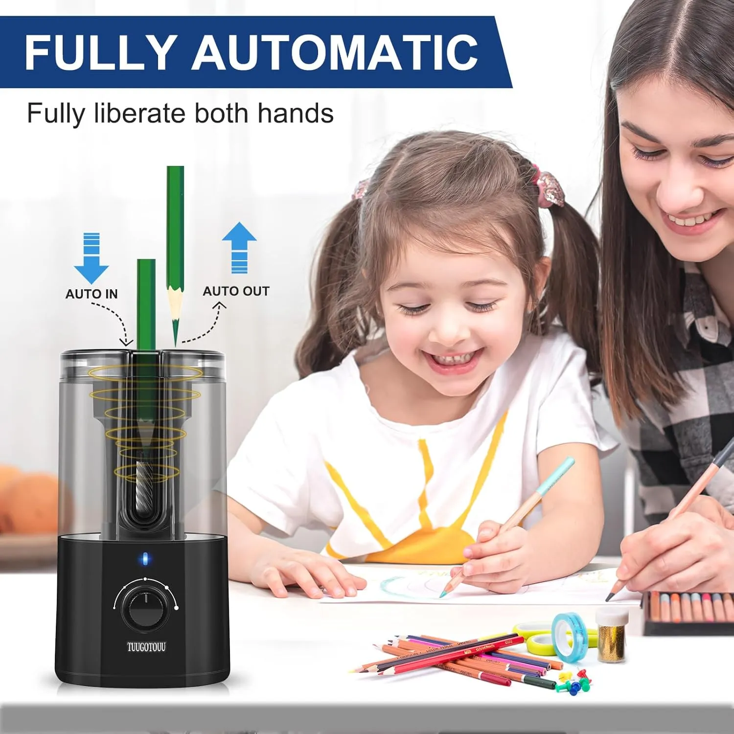 Electric Pencil Sharpener for Colored Pencils Fully Auto Portable Pencil Sharpener Rolls in & Out Auto 5 Adjustable Thicknesses Suitable for Kids Artists Students Classrooms and Home Black