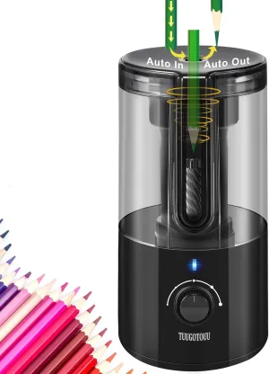 Electric Pencil Sharpener for Colored Pencils Fully Auto Portable Pencil Sharpener Rolls in & Out Auto 5 Adjustable Thicknesses Suitable for Kids Artists Students Classrooms and Home Black