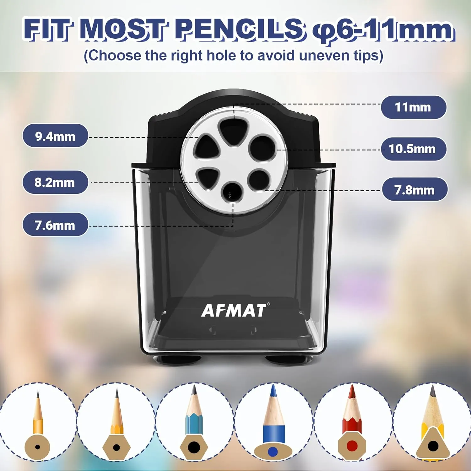 Electric Pencil Sharpener Heavy Duty, 6-Hole Classroom Pencil Sharpener for 6-11mm Pencils, Auto Stop Pencil Sharpeners Plug in,10000 Sharpening Times, Save Colored Pencils, Black