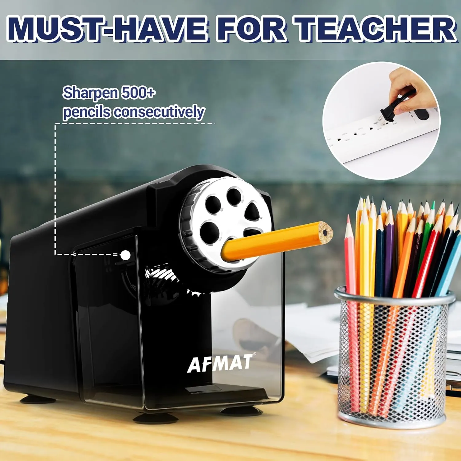 Electric Pencil Sharpener Heavy Duty, 6-Hole Classroom Pencil Sharpener for 6-11mm Pencils, Auto Stop Pencil Sharpeners Plug in,10000 Sharpening Times, Save Colored Pencils, Black