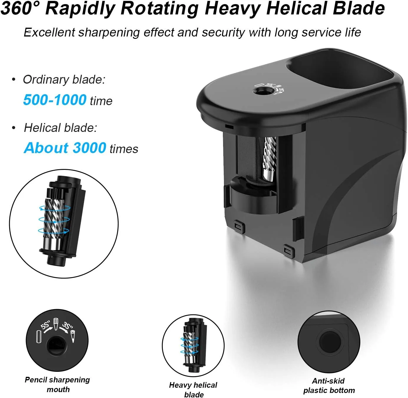 Electric Pencil Sharpener Heavy-Duty Helical Blade Sharpener with Adapter/Battery Operated for No.2/ (6-8mm) Pencils with Auto Stop & Cleaning Brush in School/Classroom/Office (Black)