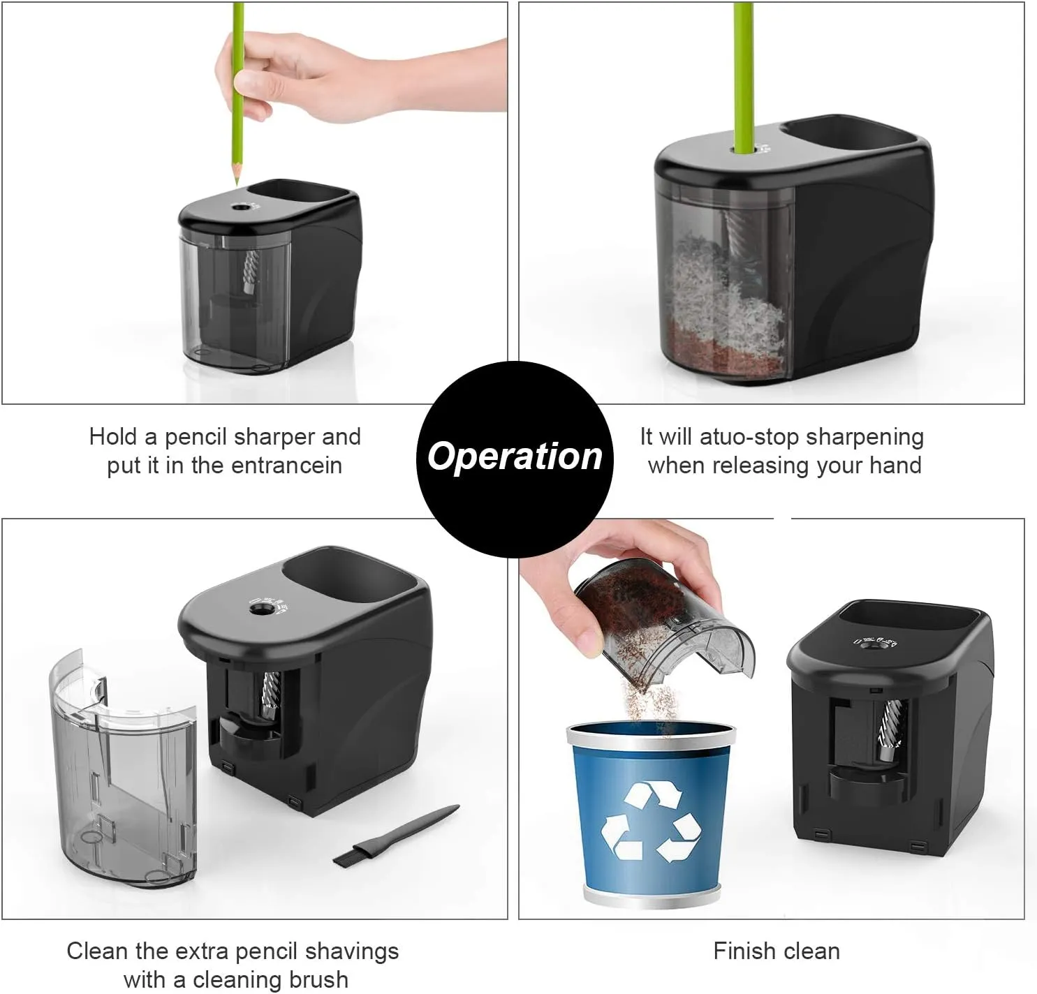 Electric Pencil Sharpener Heavy-Duty Helical Blade Sharpener with Adapter/Battery Operated for No.2/ (6-8mm) Pencils with Auto Stop & Cleaning Brush in School/Classroom/Office (Black)