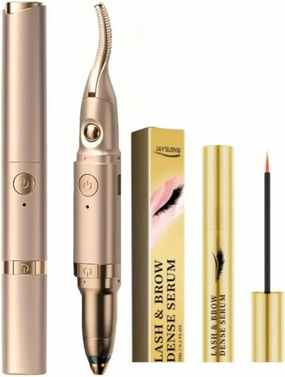 Electric Heating Eyelash Curler with Electric Eyebrow Knife Trimmer Beauty Instrument 2 in 1 & 0.1oz Ginseng Extract Eyelash Serum, Gold
