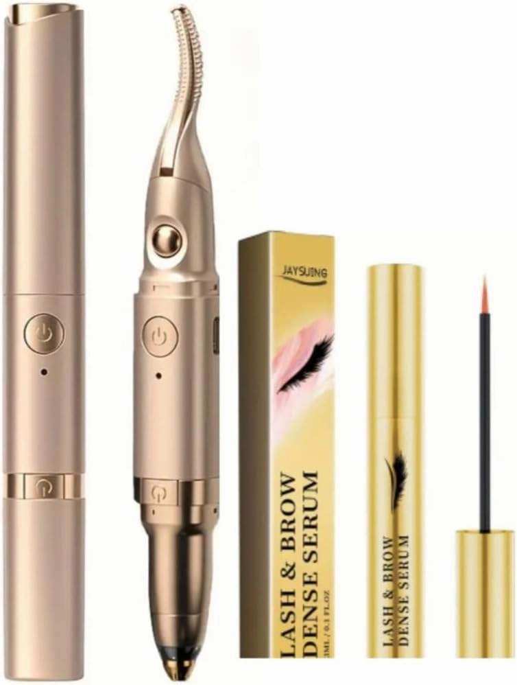 Electric Heating Eyelash Curler with Electric Eyebrow Knife Trimmer Beauty Instrument 2 in 1 & 0.1oz Ginseng Extract Eyelash Serum, Gold