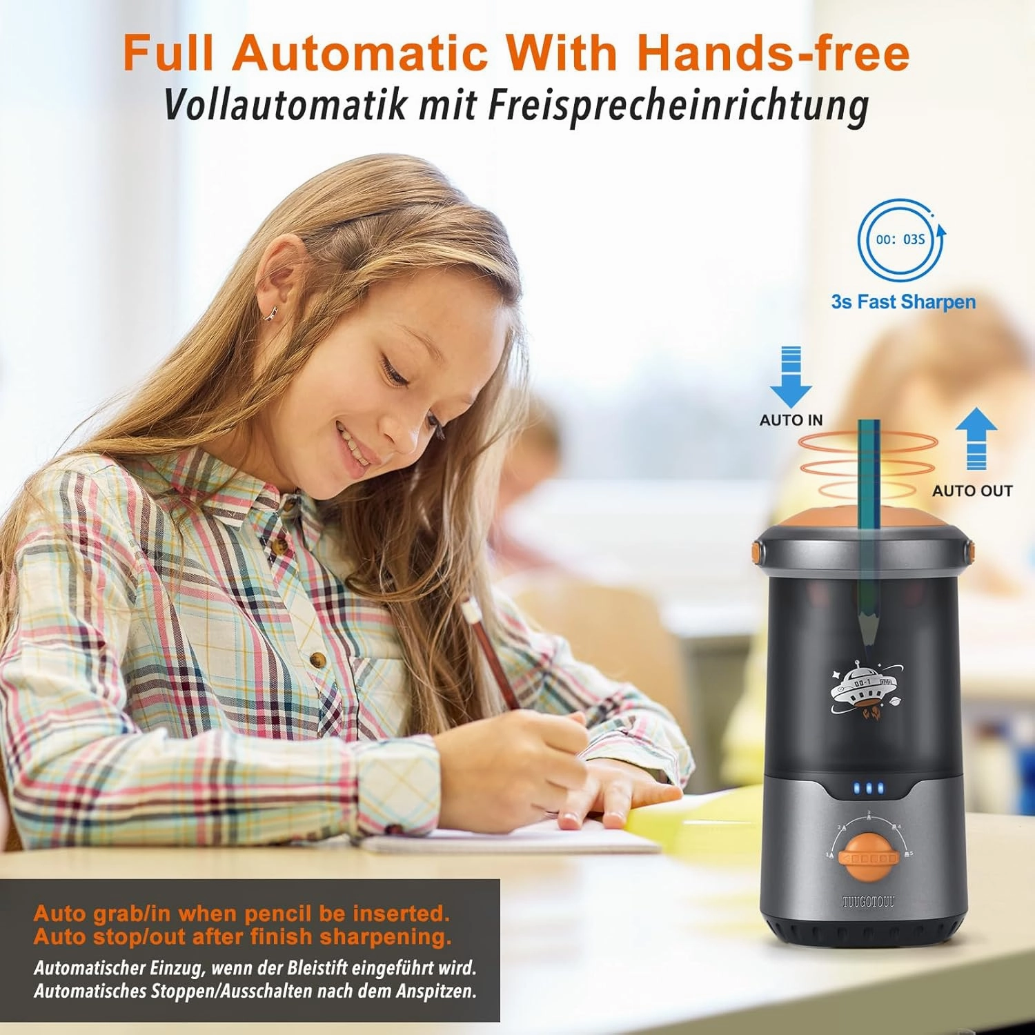 Electric Pencil Sharpener for Colored Pencils Fully Auto Portable Pencil Sharpener Rolls in & Out Auto 5 Adjustable Thicknesses Suitable for Kids Artists Students and Home (Silver Gray)