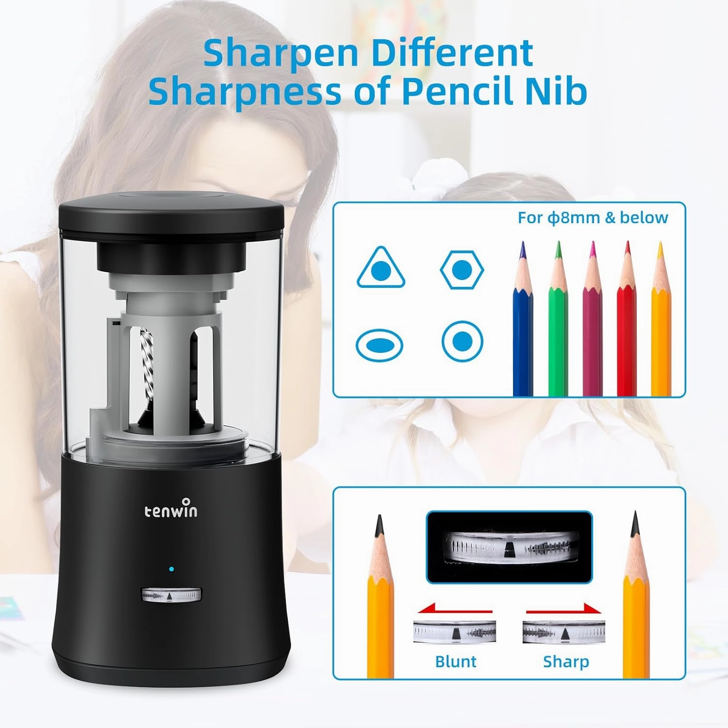 Electric Pencil Sharpener, Fully Automatic Pencil Sharpener for 6-8mm Colored Pencils, Hands-Free Rechargeable Sharpener, Fast Sharpening, No Uneven Tips, Also for Short Pencils, Black