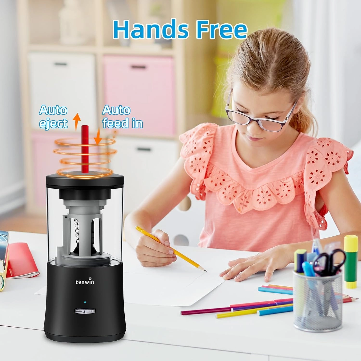 Electric Pencil Sharpener, Fully Automatic Pencil Sharpener for 6-8mm Colored Pencils, Hands-Free Rechargeable Sharpener, Fast Sharpening, No Uneven Tips, Also for Short Pencils, Black