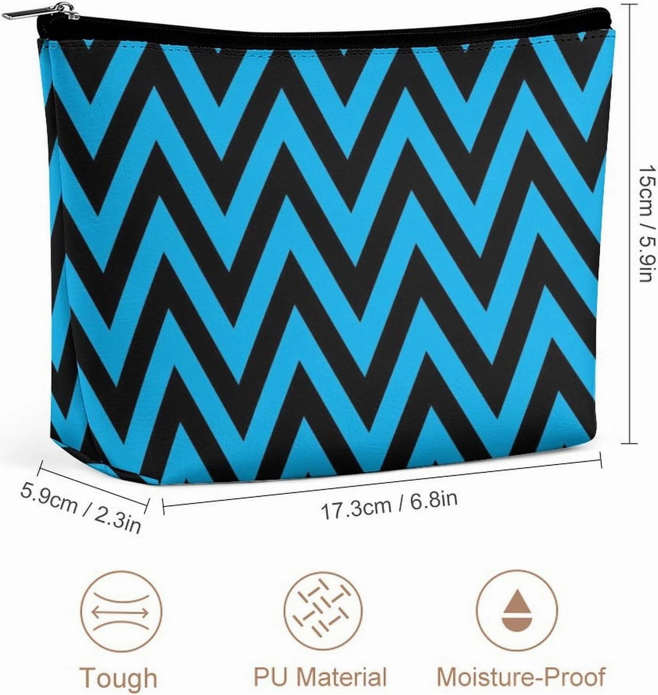 Elegant Makeup Bag, Black and Blue Chevron, Zig Zag Pattern Cosmetic Bag Large Capacity Pouch Portable Organizer for Men & Women