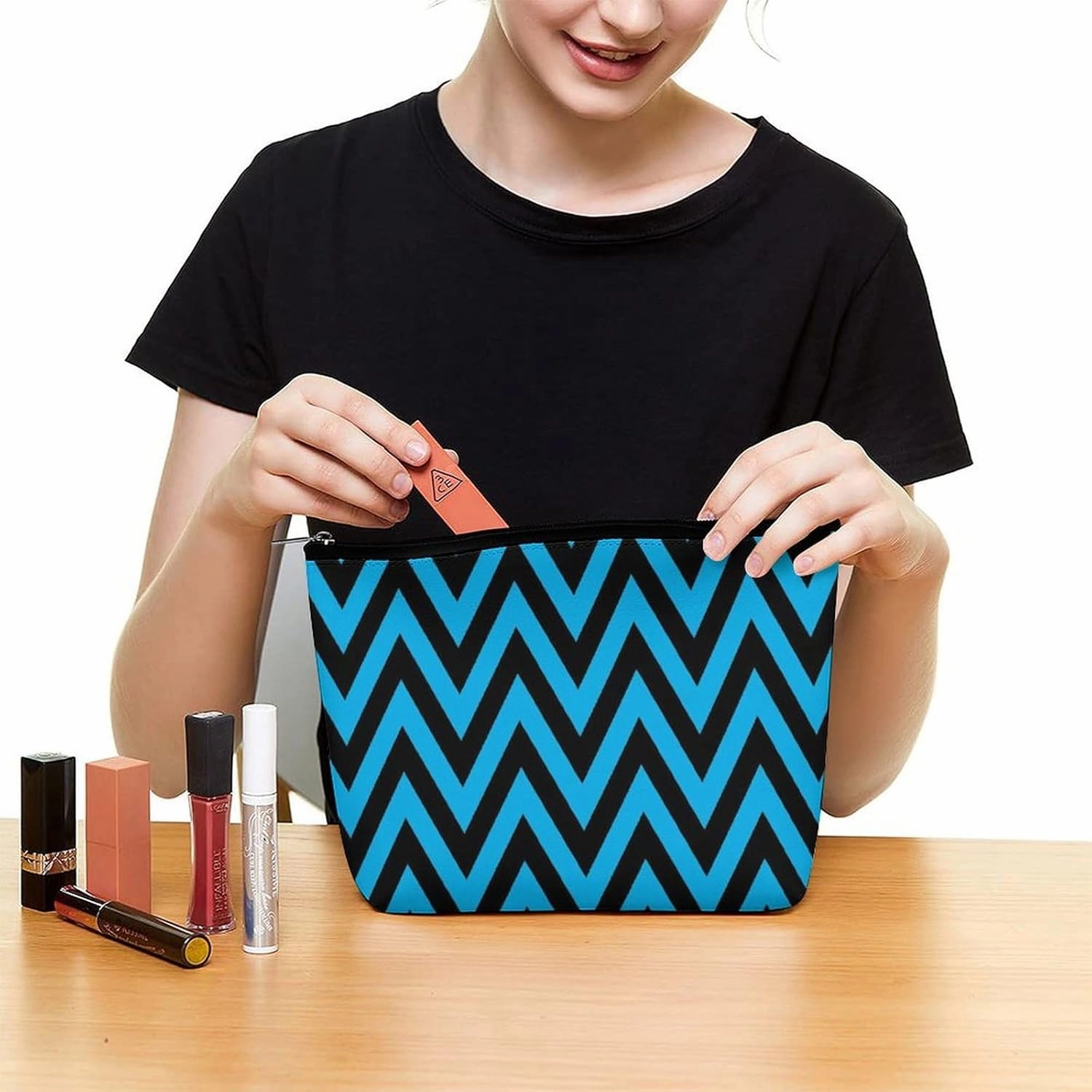 Elegant Makeup Bag, Black and Blue Chevron, Zig Zag Pattern Cosmetic Bag Large Capacity Pouch Portable Organizer for Men & Women