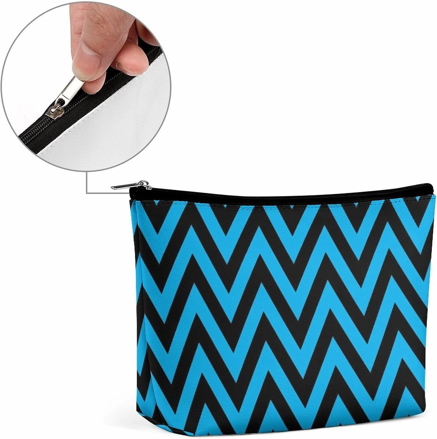 Elegant Makeup Bag, Black and Blue Chevron, Zig Zag Pattern Cosmetic Bag Large Capacity Pouch Portable Organizer for Men & Women