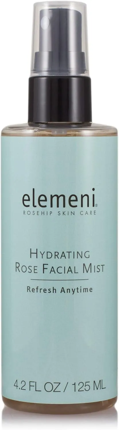 elemeni Hydrating Rose Facial Mist, 4.2 fl oz, Soothing Nourishing Moisturizing Rosewater Spray, Makeup Primer, Boost Liquid Foundation Hydration, Toning Witch Hazel, Vitamins B5 C and Hydrosol Spritz