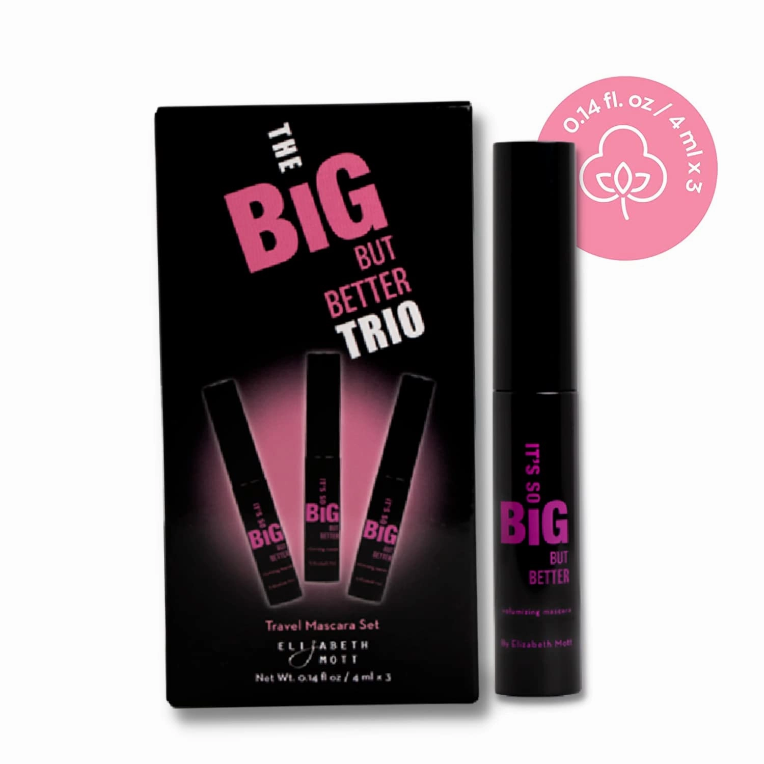 Elizabeth Mott Black Volumizing Mascara Set – Smudge-Proof, Water-Resistant, Lengthening Fiber Formula with Hourglass Wand – Cruelty-Free, Safe for Lash Extensions – Travel-Size Mini Trio, 4ml Each