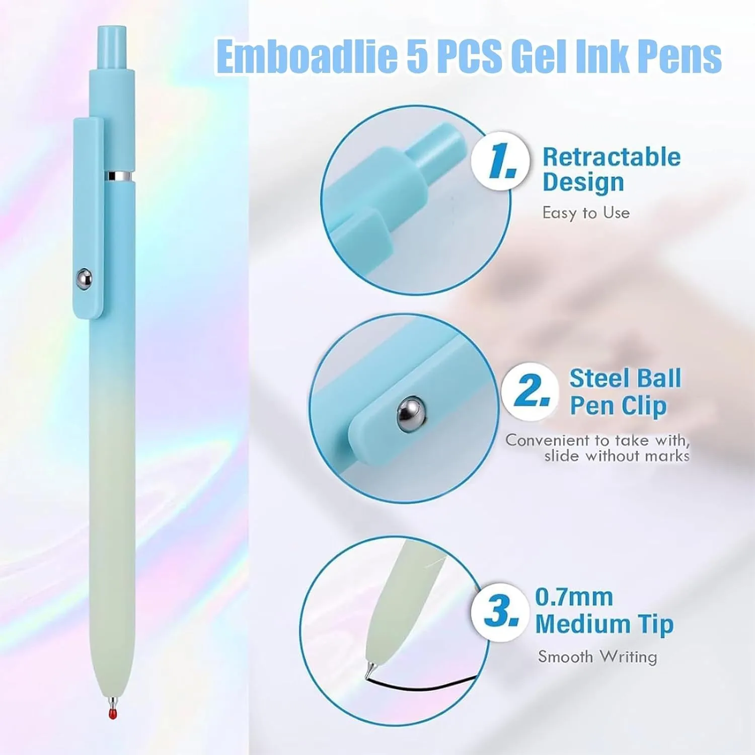 Emboadlie Gel Pens,Gettoreach 5 PCS Gel Ink Pens, Houtndguter 0.5mm Medium Tip Black Ink Roller Ball Pen, Quick Drying Pen for Smooth Writing (A B C)