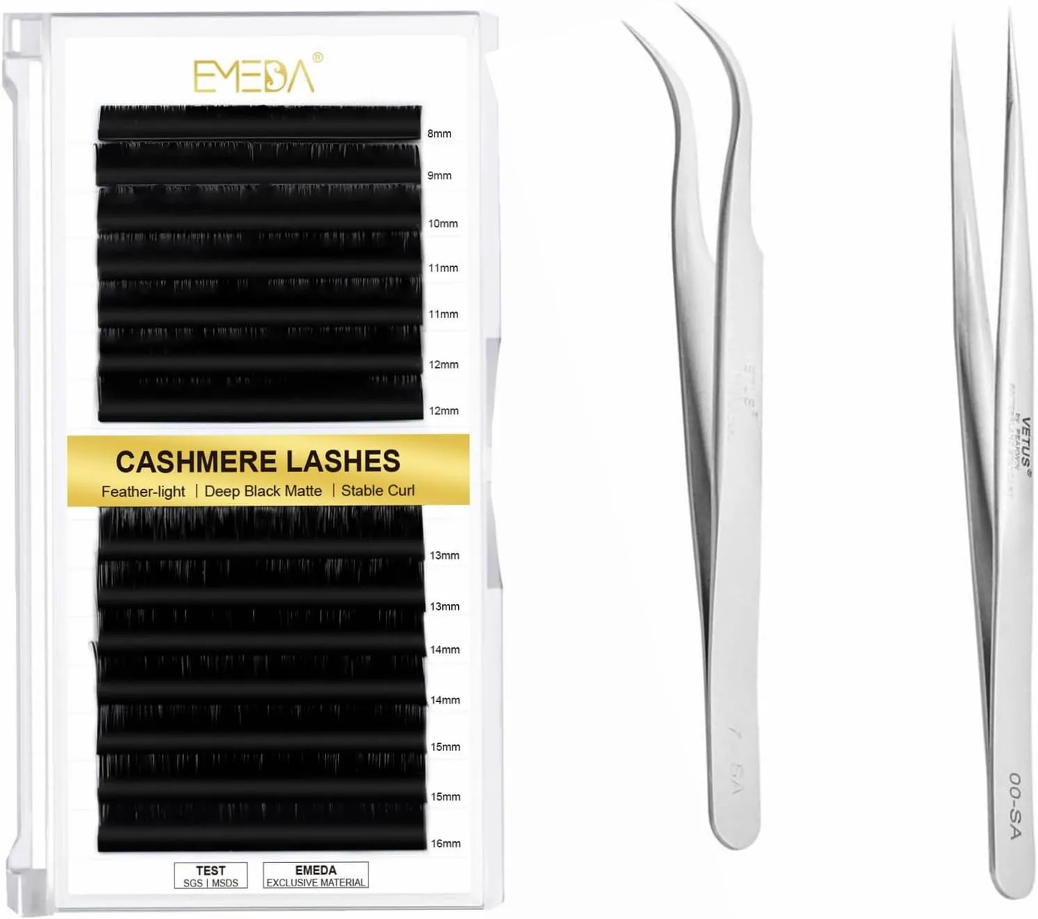 EMEDA Cashmere Volume Lash Extensions 0.05-D-Mix-8-16mm and Lash Extension Tweezers 2 Pieces VETUS Straight Pointer and J Curved Tweezers