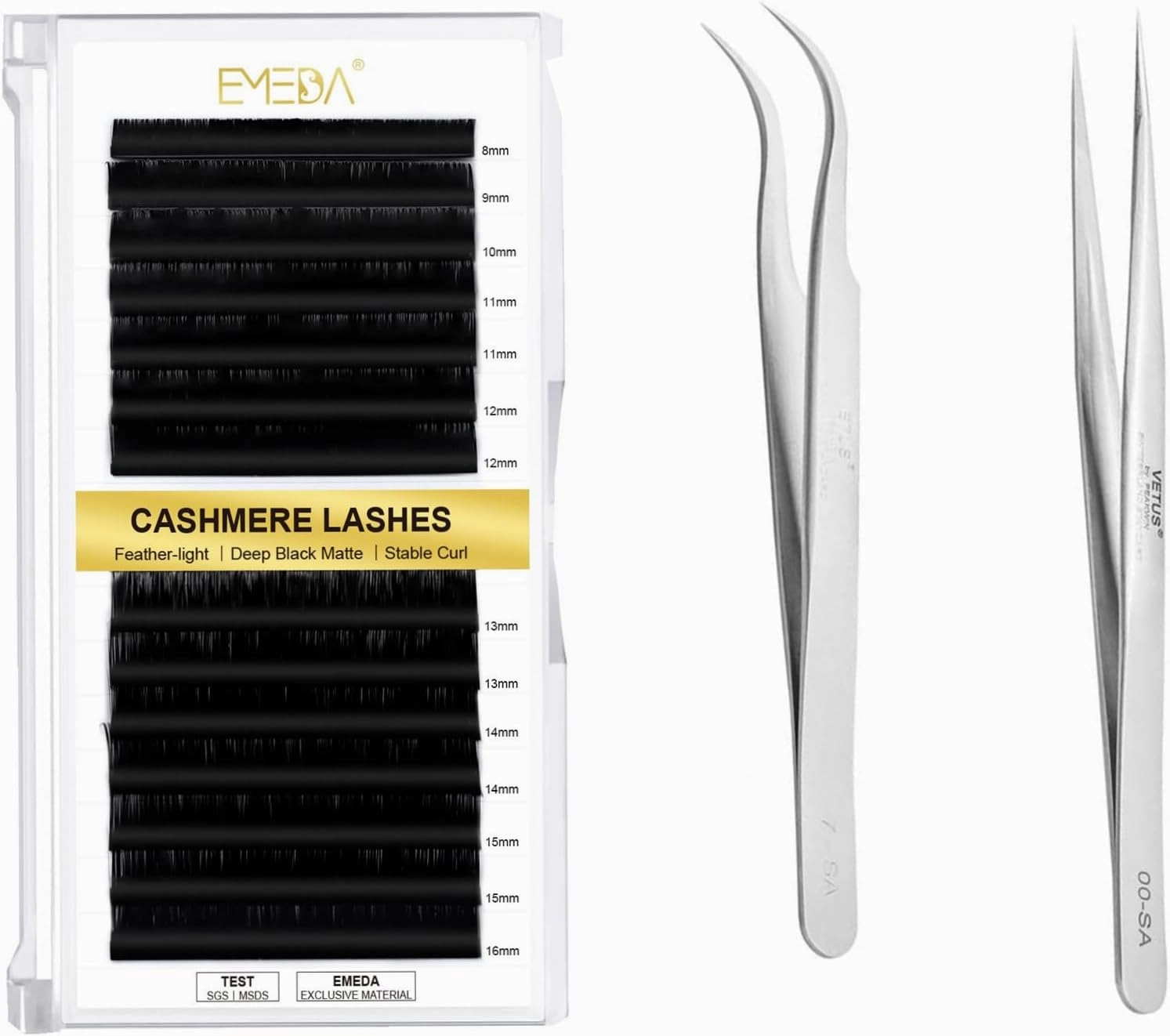 EMEDA Cashmere Volume Lash Extensions 0.03D-Mix-8-16mm and Lash Extension Tweezers 2 Pieces VETUS Straight Pointer and J Curved Tweezers