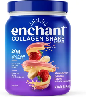 Enchant Collagen Shake powder, Strawberry Banana flavor, 20g Grass Fed Collagen Peptides, blended with Avocado Oil Creamer, source of Omega9 Fats Fiber, Promotes Hair, Skin,Bone & Joint Health,0.84 lb