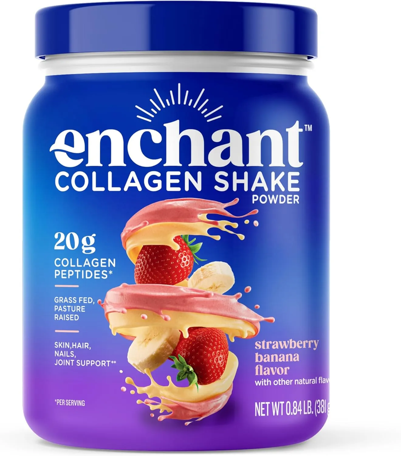Enchant Collagen Shake powder, Strawberry Banana flavor, 20g Grass Fed Collagen Peptides, blended with Avocado Oil Creamer, source of Omega9 Fats Fiber, Promotes Hair, Skin,Bone & Joint Health,0.84 lb