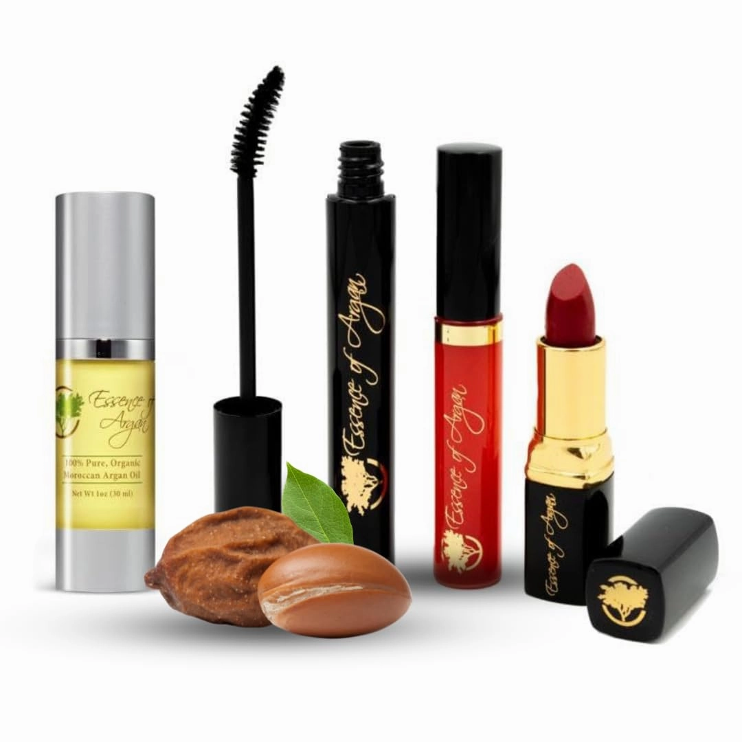 Essence Of Argan 100% Pure Moroccan Organic Argan Oil,Lipgloss-Clear Red,Lipstick- RosesRRed and Mascara