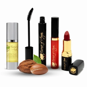 Essence Of Argan 100% Pure Moroccan Organic Argan Oil,Lipgloss-Clear Red,Lipstick- RosesRRed and Mascara