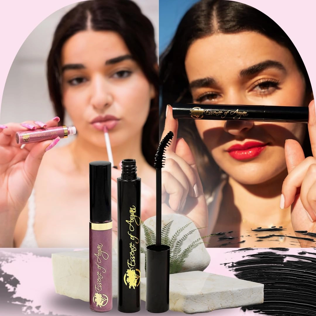 Essence of Argan Lash Conditioner Mascara & Nourishing Lip Gloss Plumper with Organic Argan Oil - Waterproof Black Mascara Plus Plumping Lip Balm for Voluptuous Sexy Lips and Longer Stronger Lashes