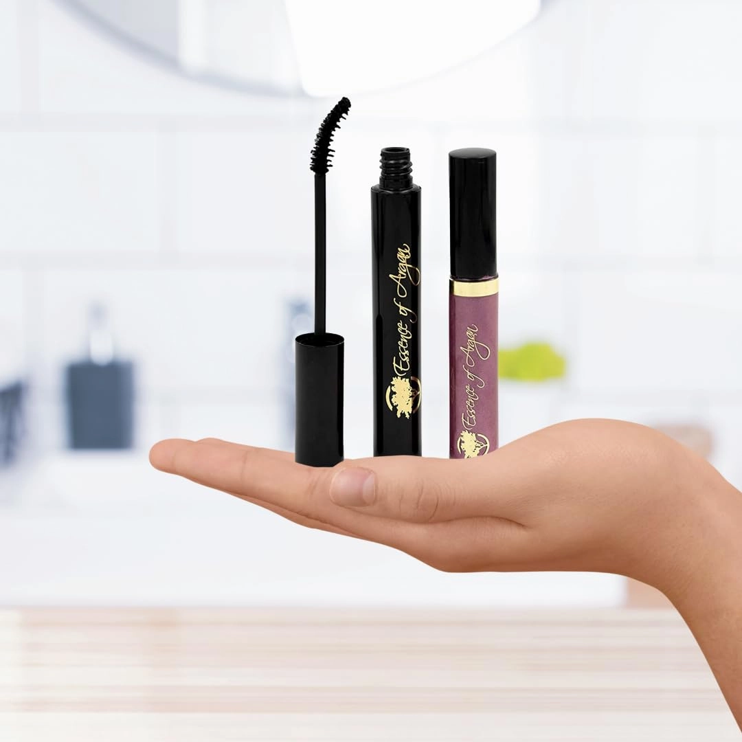 Essence of Argan Lash Conditioner Mascara & Nourishing Lip Gloss Plumper with Organic Argan Oil - Waterproof Black Mascara Plus Plumping Lip Balm for Voluptuous Sexy Lips and Longer Stronger Lashes