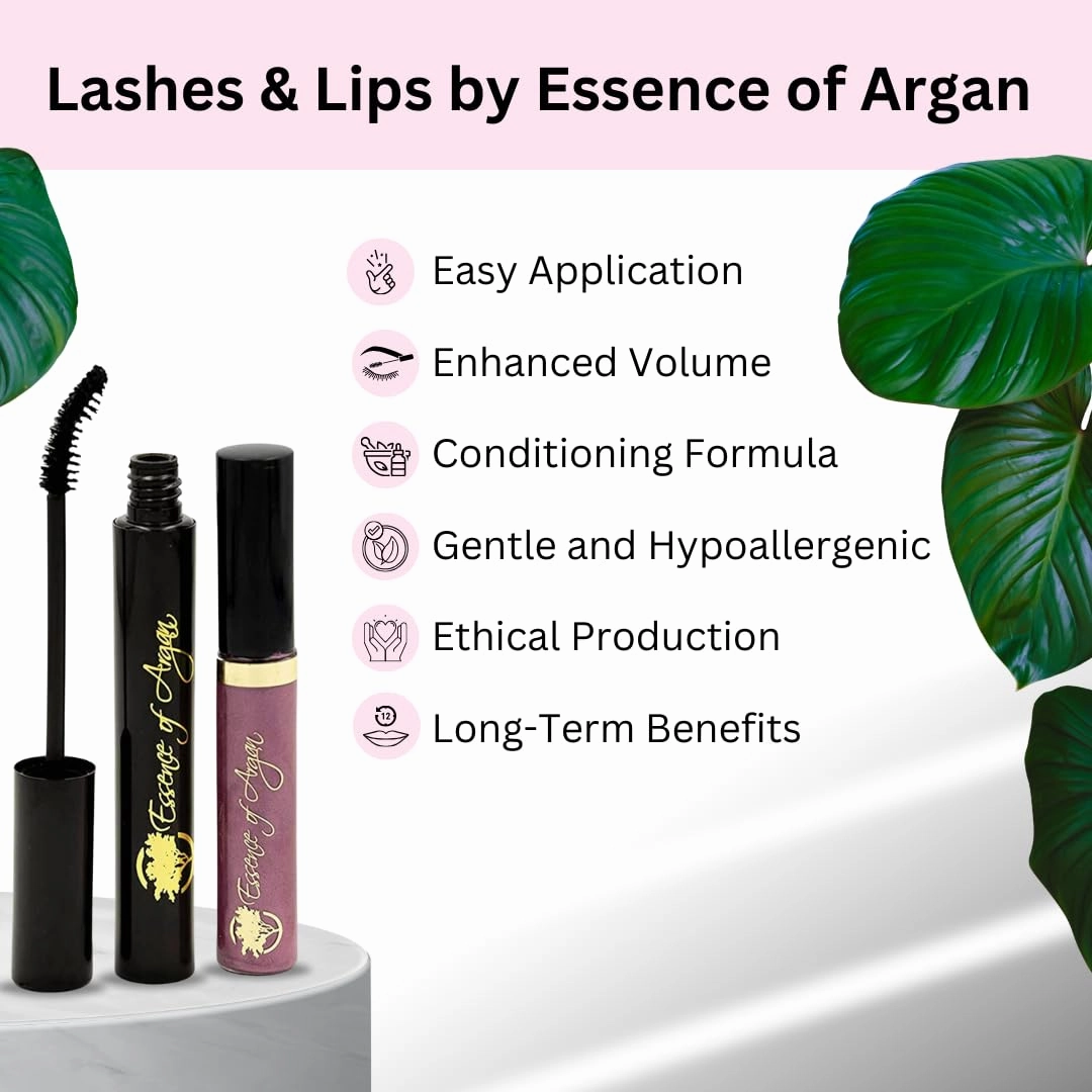 Essence of Argan Lash Conditioner Mascara & Nourishing Lip Gloss Plumper with Organic Argan Oil - Waterproof Black Mascara Plus Plumping Lip Balm for Voluptuous Sexy Lips and Longer Stronger Lashes