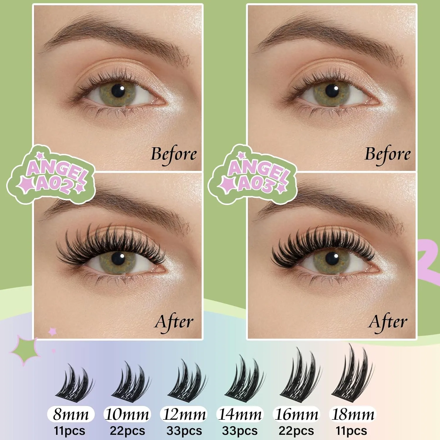 Extension Kit 144Pcs Angel Lash Clusters Kit Thick Eyelash Extension Kit with Glue and Seal,Tweezers,Remover for DIY lash extension kit at Home（Kit-Angel A03-D-8-18MIX）