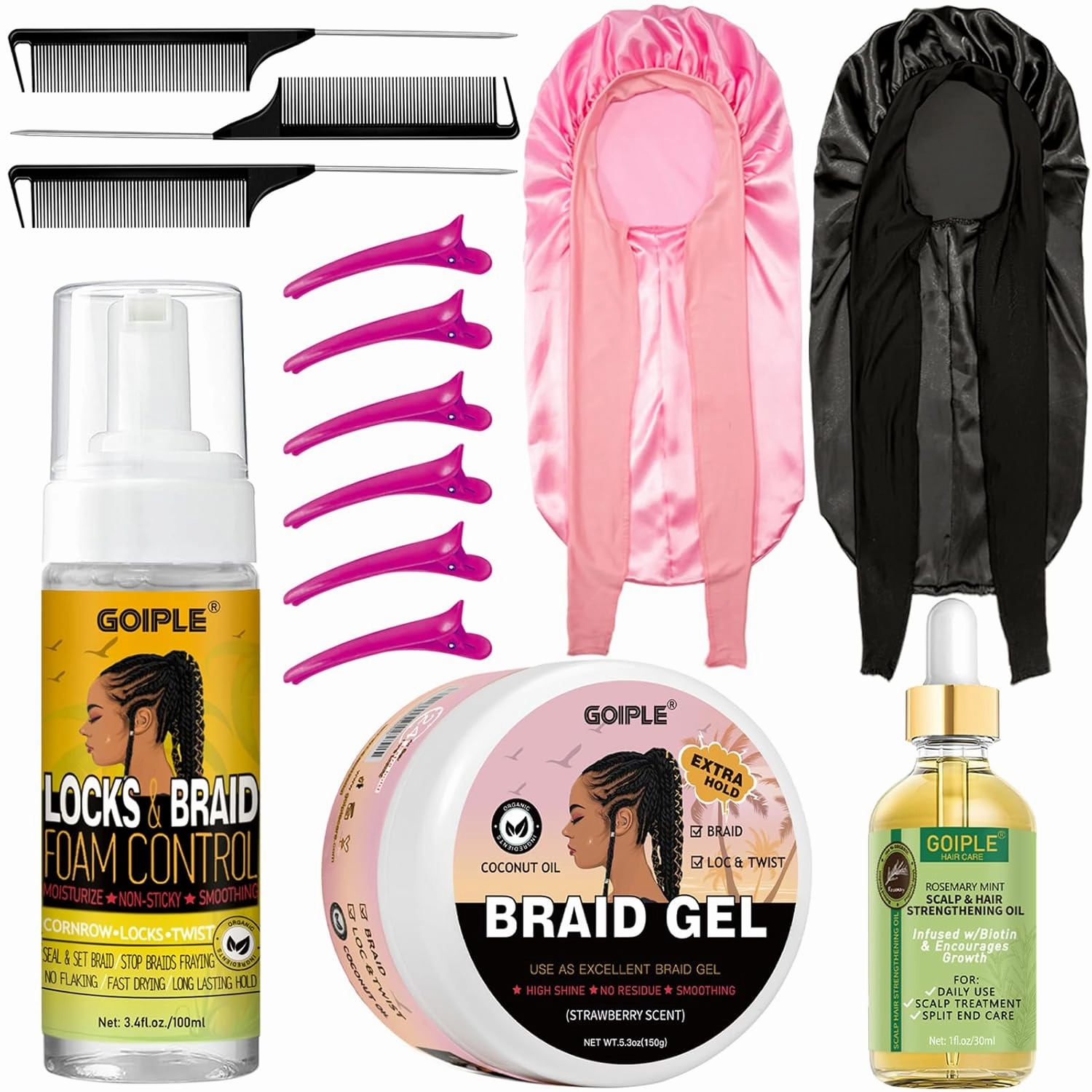 Extra Hold Braiding Kit - Smoothing Gel for Twists, Locs, Braids, Cornrows, High Shine Long Lasting Braid Mousse Foam, and Bonnet Tool